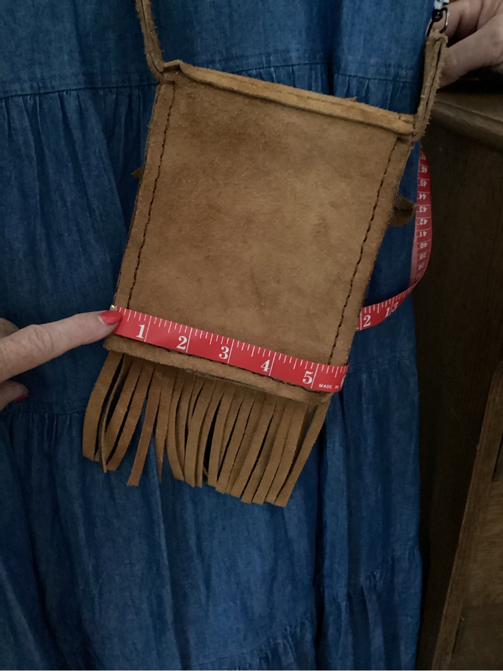 Boho Leather Fringe Crossbody with Leaf Applique - Brown - Picture 7 of 9